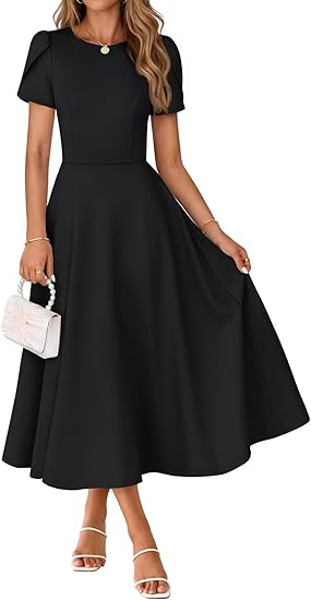 Women's Short Sleeve Midi Dresses 2026 Formal Wedding Guest Dress | Summer Dress, A Line, Pleated, With Pockets, Flowy Hem, Flowy Hem, Cocktail Party, Funeral, Business Casual Outfits