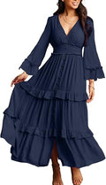 Women's V Neck Long Sleeve Boho Maxi Dress 2023 Fall Wedding Guest Long Flowy Engagement Dresses