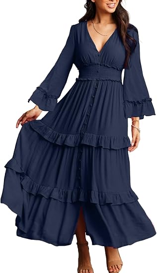 Women's V Neck Long Sleeve Boho Maxi Dress 2023 Fall Wedding Guest Long Flowy Engagement Dresses