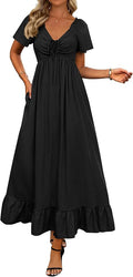 Womens Summer Dresses 2026 Wedding Guest Maxi Dress | Short Sleeve, V Neck, Drawstring,A-Line,Loose Fit,Solid,Cocktail,Party,Boho Beach Long Dress,Prom,Beach Vacation Clothes