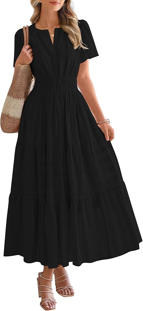 Womens Summer 2026 Casual Maxi Dresses | Lightweight Short Sleeve V Neck,Elastic Waist A Line Long Dress,Boho Beach Dress Pockets,Vacation Outfits,Fashion Clothing