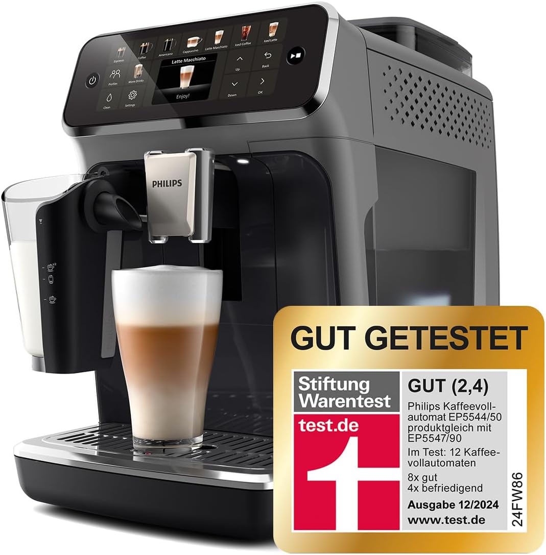PHILIPS Serie 5500 Kaffeevollautomat (EP5544/50) – LatteGo Milchsystem, 20 heiße und kalte Kaffeespezialitäten, 40% leiser mit SilentBrew, QuickStart, Schwarz/Grau