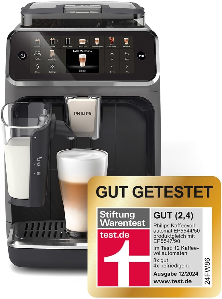 PHILIPS Serie 5500 Kaffeevollautomat (EP5544/50) – LatteGo Milchsystem, 20 heiße und kalte Kaffeespezialitäten, 40% leiser mit SilentBrew, QuickStart, Schwarz/Grau